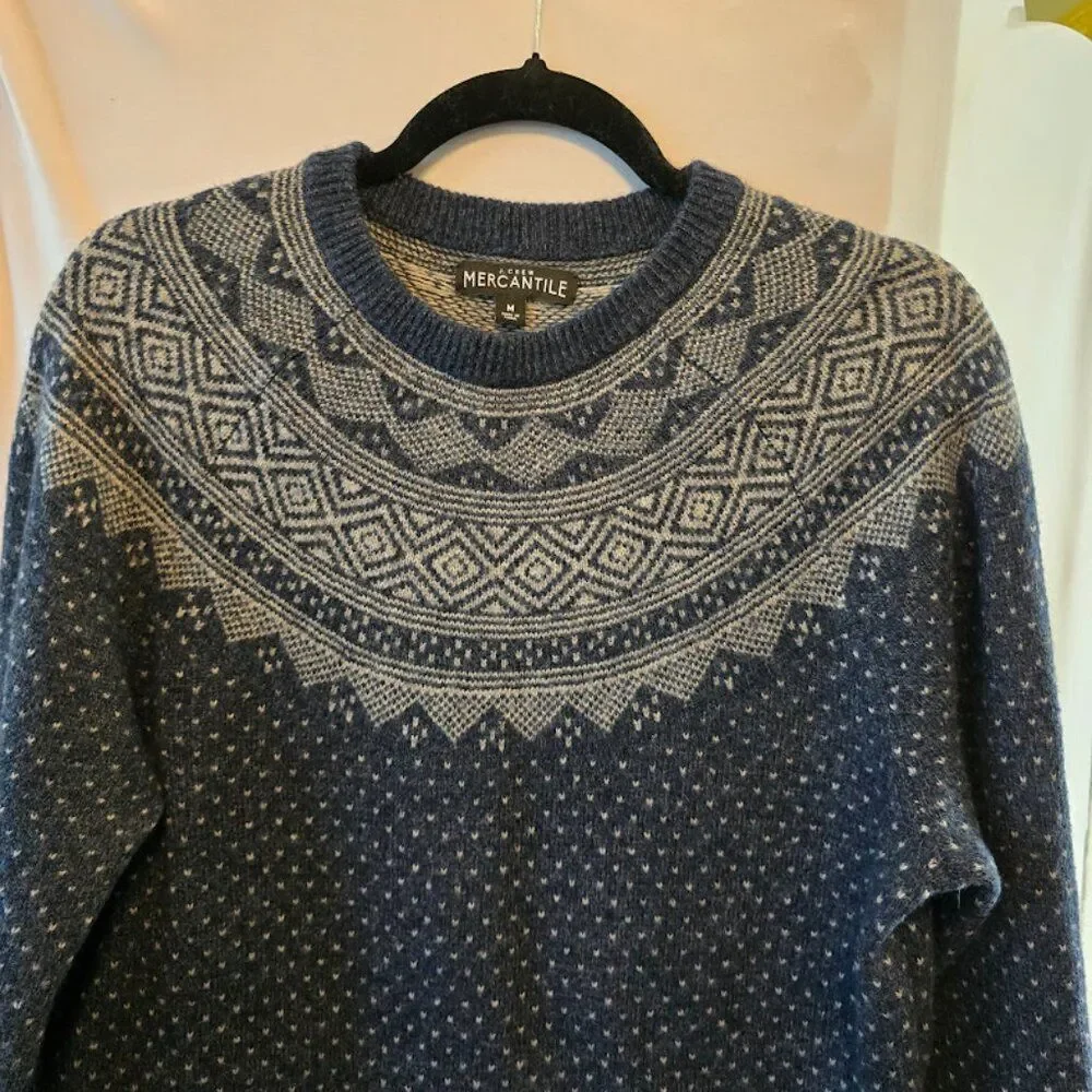 J.CREW MERCANTILE FAIR ISLE MENS PULLOVER SWEATER BLUE WHITE LONG SLEEVE MEDIUM